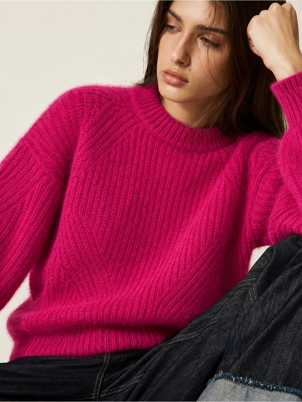 MBYM Mohair Blend Fuchsia Chunky Knit Mock Neck Statement Sweater S/M